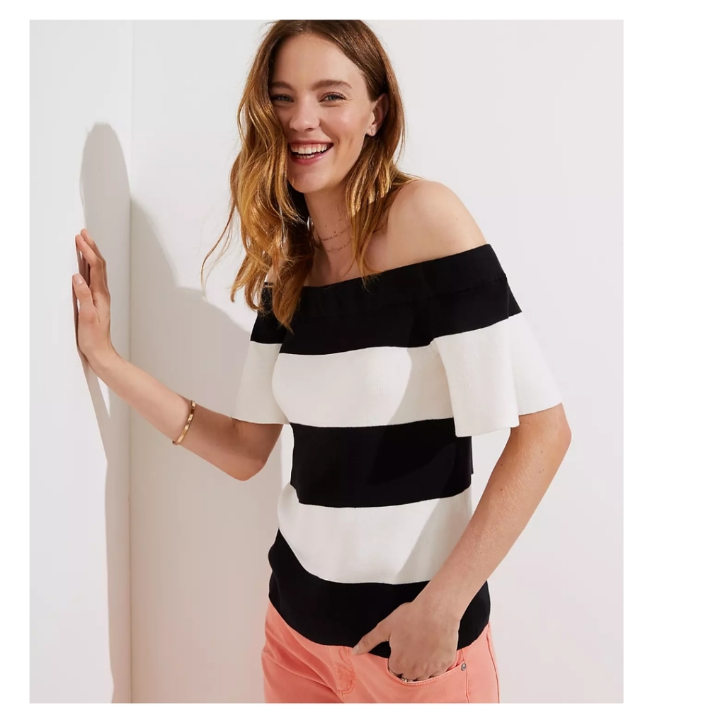 LOFT Striped Off The Shoulder Sweater Top short sleeve size Small